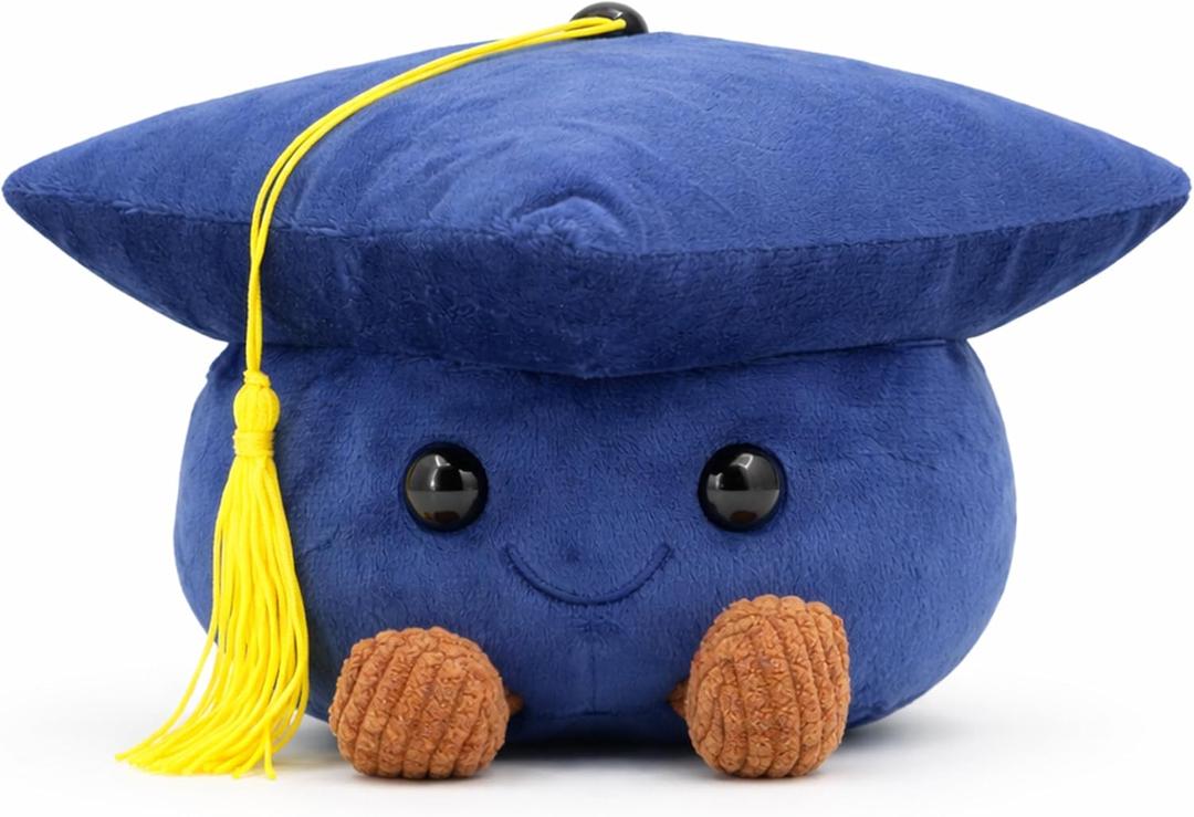 Cute Graduation Cap Plush Figurine, Soft Stuffed Mortarboard Decor with Smiley Face & Gold Tassel, Ideal Graduation Keepsake for Graduates, Friends & Colleagues (Blue)