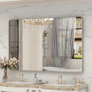 60x36 Inch Brushed Nickel Bathroom Mirror, Large Brushed Silver Metal Framed Wall Mirror, Rounded Corner Rectangle Modern Vanity Mirror, Tempered Glass, Anti-Rust, Shatterproof (Horizontal/Vertical)