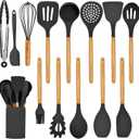 Home Hero Silicone Kitchen Utensils Set with Wooden Handle - Non-Stick Silicone Cooking Utensils Set - BPA Free Silicone Spatula Set - Heat Resistant Wooden Kitchen Utensil Set (14 Pcs - Black)