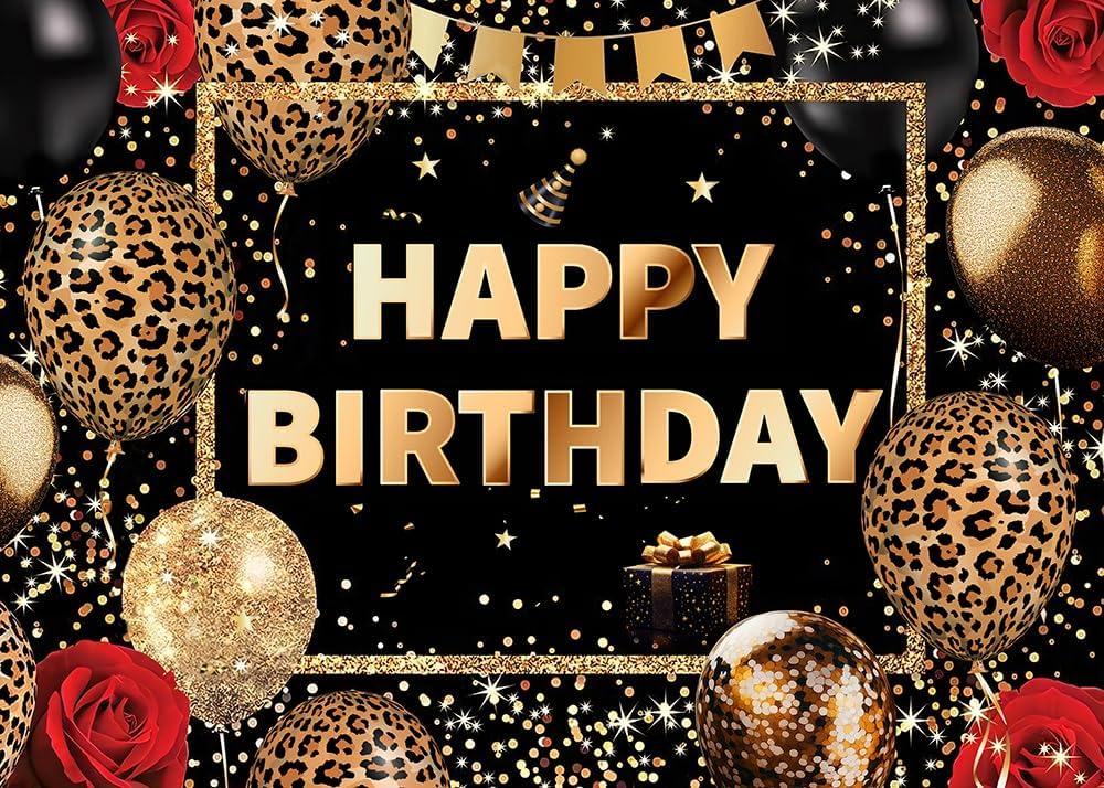 Dudaacvt Happy Birthday Backdrop Leopard Photography Background for Adult Leopard Birthday Party Banner Gold Leopard Birthday Photography Background Banner 7x5ft
