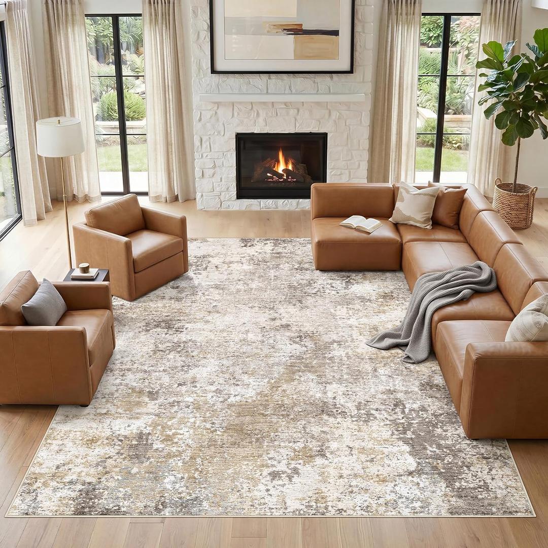 Nakagishi 10X14 Area Rugs for Living Room: Washable Modern Abstract Rug with Non-Slip Silicone Backing Low Pile Soft Carpet for Bedroom & Dining Decor Ideal for Families with Kids and Pets-Brown