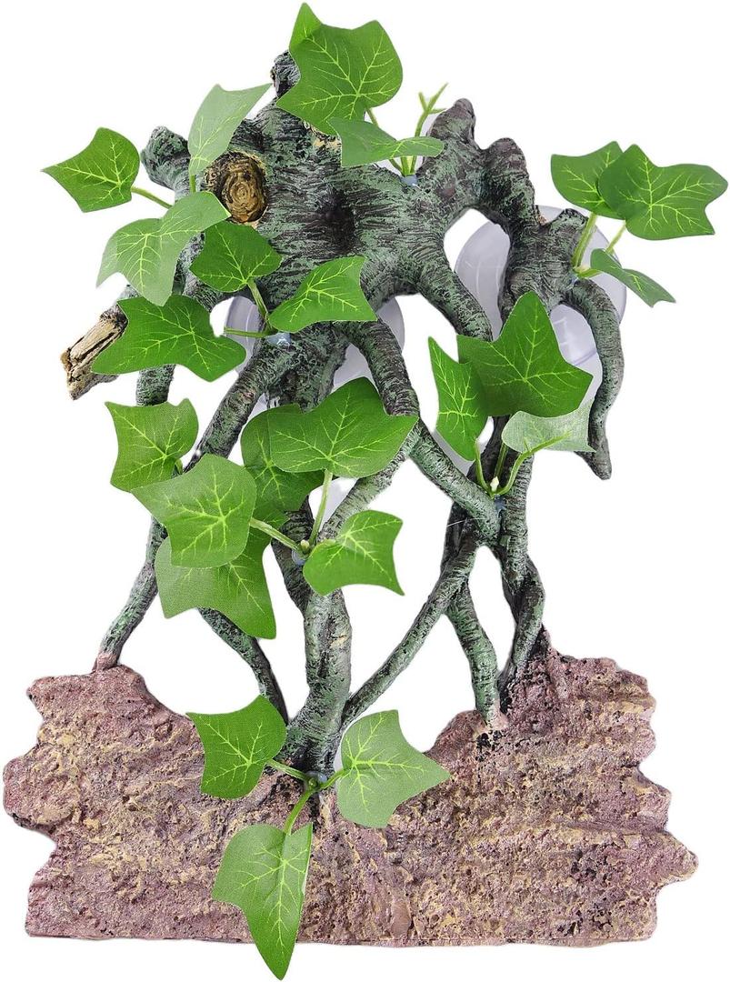 Resin Reptile Corner Branch with Rock, Amphibian Lizard Snake Climbing Ornament, Lifelike Terrarium Plant Decoration with Suction Cup