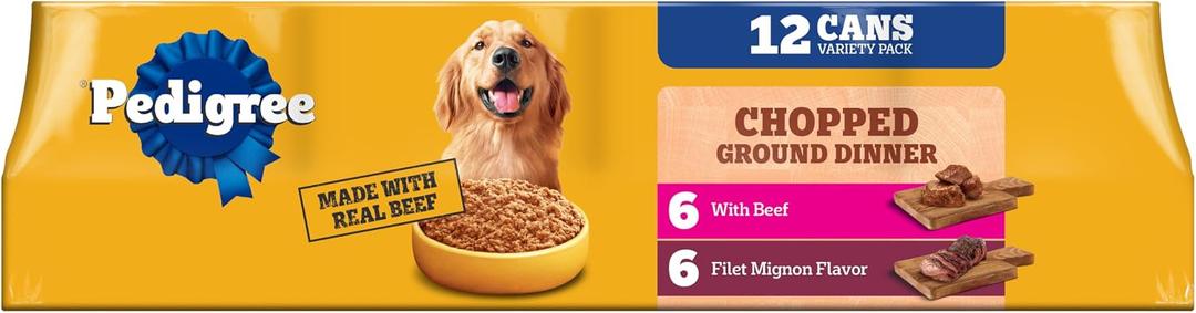 Pedigree Chopped Ground Dinner Wet Dog Food Filet Mignon & Beef Variety Pack, Canned Dog Food, 13.2 oz. Cans, 12 Count (EXP 02/16/28)