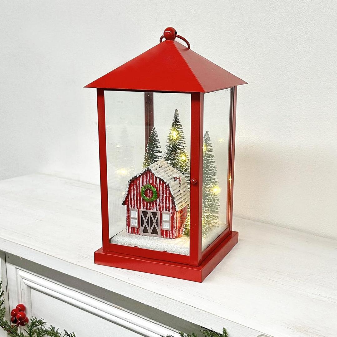 Scenic Lighted Christmas Lanterns, 11 Tall Square Red Lantern Battery Operated Built-in Timer with PS Panels