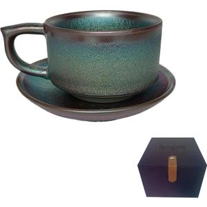 Porcelain Cappuccino Cup with Saucer, Tenmoku Glaze, Jianzhan Coffee Mug - 7 oz for Coffee Drinks, Cappuccino, Latte, Americano and Tea Giftbox