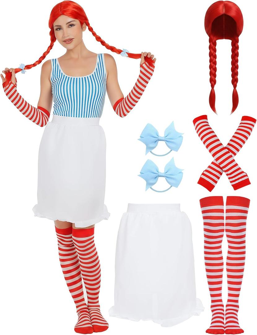 Halloween Fast Food Costume Women Include Red Wig White Half Waist Apron Long Arm Warmer Gloves Striped High Knee Socks for Deluxe Halloween Cosplay