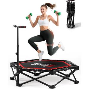 42" Foldable Mini Trampoline- 450lb Capacity Fitness Rebounder w/3-Level Adjustable T-Bar, Adults Workout Trampoline, Non-Slip Pad | Foldable Design for Home/Gym