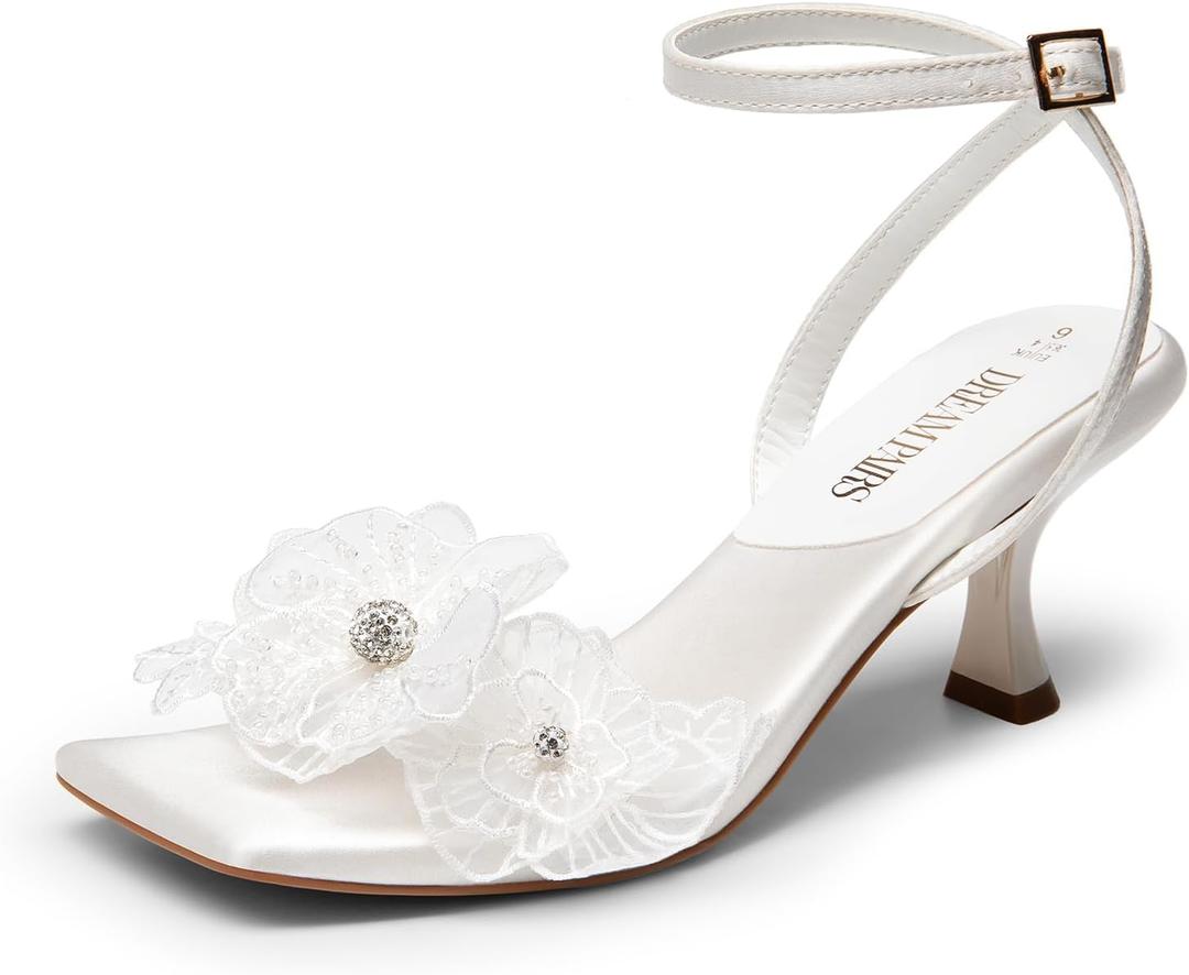 DREAM PAIRS Women's Flower Wedding Heels Cute Square Toe Slingback Low Kitten Heels Sandals with Ankle Strap (6.5)