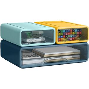 Desk Organizer with Drawers, Stackable Storage Drawers with Compartments Desktop Organization for Office Supplies, Makeup, Pencils, Tape, Erasers, Paperclips, Chargers (2S1M) (Light blue+Yellow+Deep Blue)