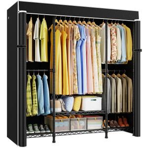 ULIFHOME E3C Heavy Duty Portable Closet Wardrobe with Fabric Cover, Freestanding Clothes Rack Holds up to 850 lbs, Metal Garment Rack Organizer for Clothing, 59.5" W x 16.5" D x 77.4" H, Black