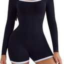 Women's Casual Long Sleeve Fitted Square Neck Workout Daily One Piece Short Jumpsuit Color Block, Large, Black