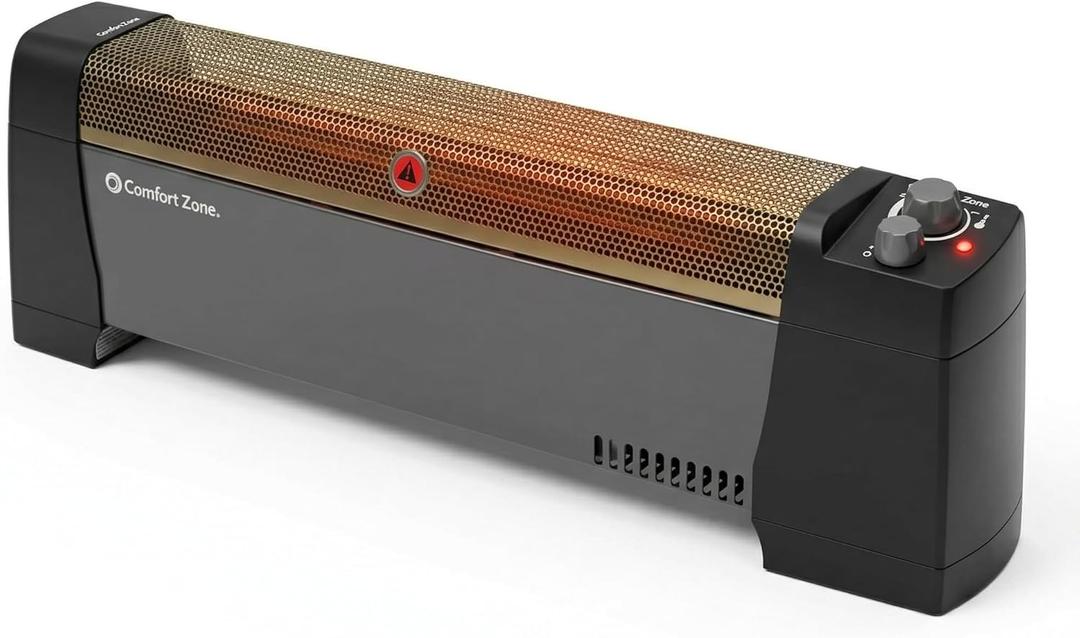 Comfort Zone 1500W Convection Baseboard Heater – Silent Portable Electric Space Heater with Adjustable Thermostat, 2 Heat Settings & Safety Tip-Over Switch – Black