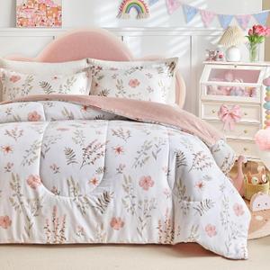Joyreap 3pcs Floral Cotton Comforter Set for Girls, Pink Flowers n Leaves Botanical Design, Queen Size Soft n Cozy Bedding Comforter Set for All Season- 88x88 inches