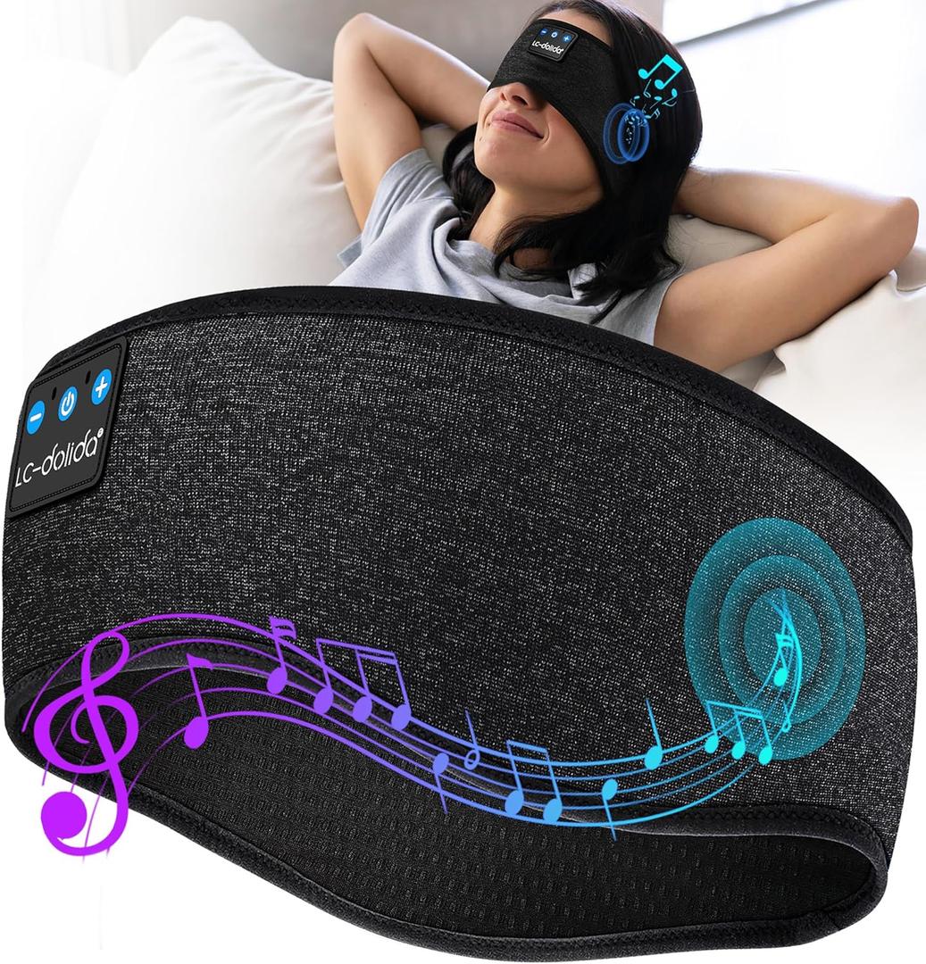 LC-dolida Sleep Headphones Bluetooth Headband, Sweat Resistant Sports Wireless Earphones, Ultra-Thin HD Stereo Black Headband Speaker Sleeping Eye Mask for Women Men Teen Running Cool Gadgets