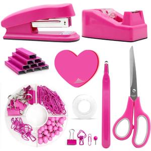 Hot Pink Office Supplies, UPIHO Hot Pink Desk Accessories, Stapler and Tape Dispenser Set for Women with Stapler, Tape Dispenser, Staple Remover, Staples, Clips, Scissor and Sticky Notes for Students