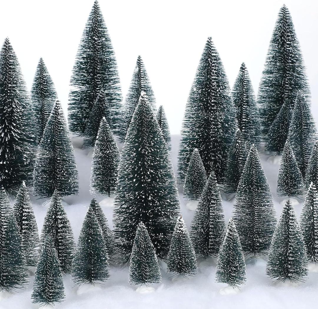 Crowye 80 Pcs Christmas Village Trees Bottle Brush Christmas Trees with White Plastic Base for Xmas Crafts Table Decor, 6 Sizes(Dark Green)
