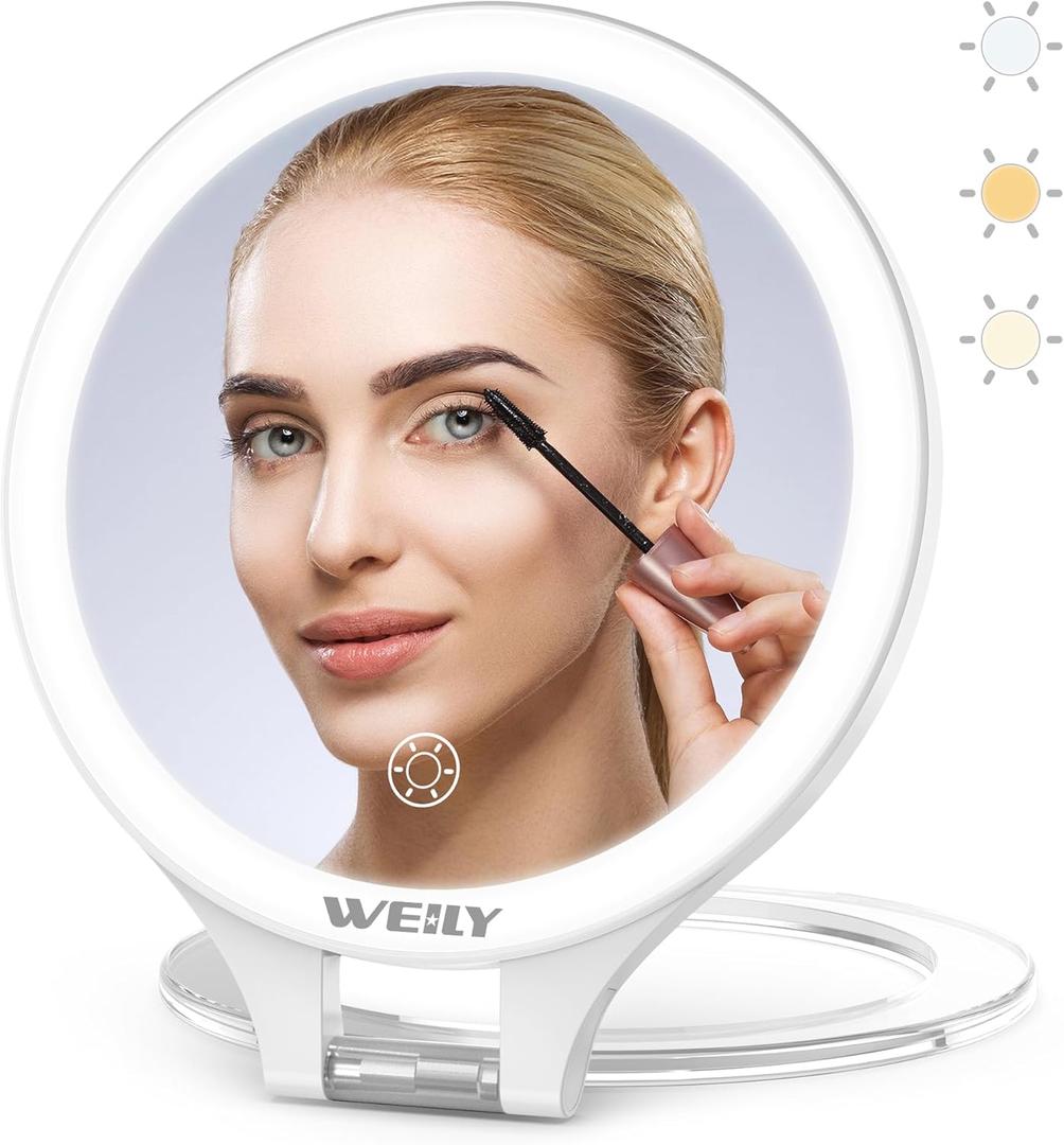 WEILY Magnifying Makeup Mirror 10X/1X, Travel Mirror with Light, Double Sided Rechargeable Mirror with 3 Color Lights for Makeup, Tweezing, Blackhead and Come Done Removal (White)