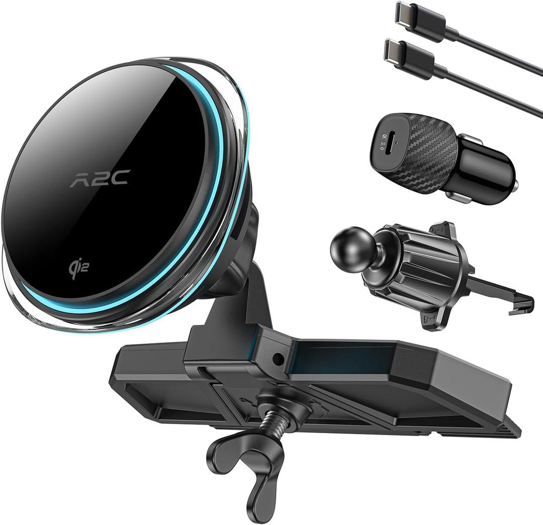 A2C Qi2 15W Wireless Car Charger CD Mount for MagSafe, Magnetic Wireless Charger Car Air Vent | CD Slot with TEC Thermoelectric Cooler Module, Fast Charging for iPhone 17 16 15 14 13 12 Series