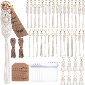 120 Pcs Macrame Keychains Bulk Set, 40 Pcs Boho Keychain 40 Pcs Drawstring Organza Bag and 40 Pcs Thank You Tags with Hemp Rope for Wedding Thank You Baby Shower Party Favors