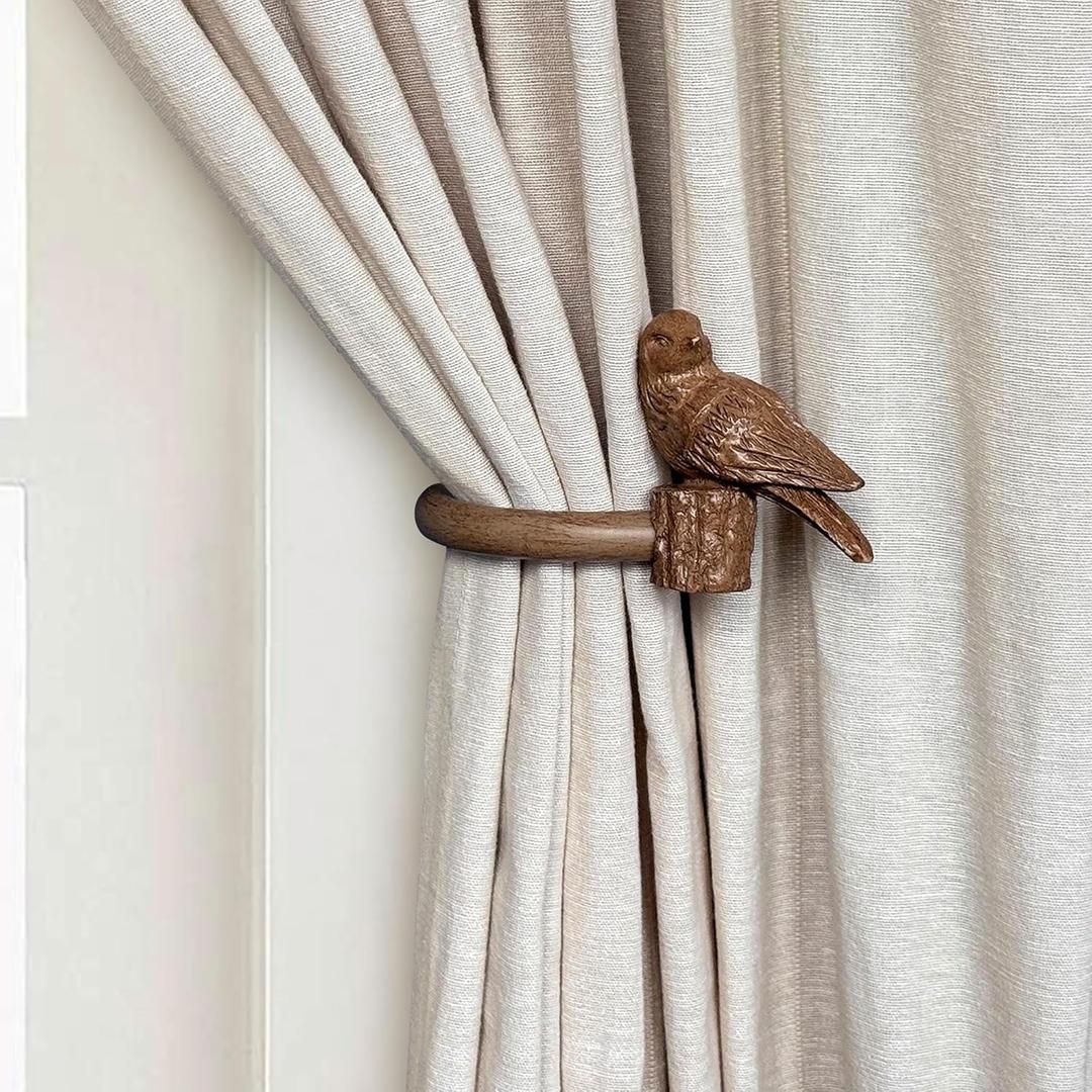 Curtain Drapery Holdbacks with Resin Bird, Wall Mount Drapery Hooks Holders, Set of 2, Wood Color, Suitable for Drywall