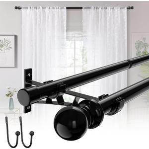 Black Double Curtain Rods for 30in-93in Windows with Brackets and Curtain Clip,1Inch Heavy Duty Dual Curtain Rod, Adjustable Decorative Curtain Rod for Window,Bathroom,Patio,Bedroom,Sliding Glass,Door
