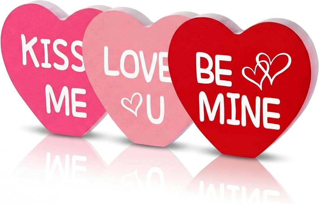 Yalikop Valentine's Day Decoration Heart Wood Sign Love Wooden Sign Tabletop Centerpiece Romantic Wooden Freestanding Valentines Table Decor for Valentine's Day Wedding, Red, Rose Red and Pink