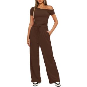 Darong Women's 2 Piece Outfits Lounge Sets Off Shoulder Short Sleeve Tops and High Waisted Wide Leg Pants Tracksuit Sets S 