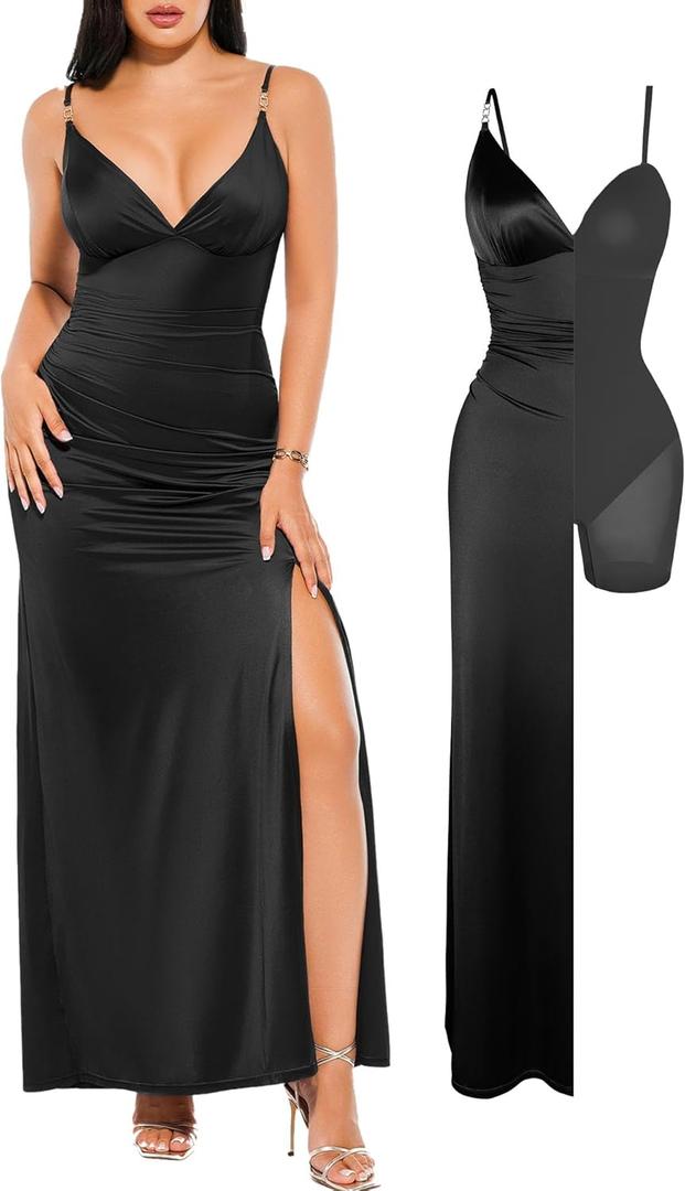 Popilush Women's Sexy Maxi Dress Deep V Neck Ruched Shapewear Dresses Side Slit Formal Cocktail Party Dress (Black, S)