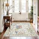 5x5 Living Room Area Rug Washable: Floral Non-Slip Mats for Indoor Floor Entryway Dining Room Bedroom - Soft Thin Carpet for Vintage Neutral Home Decor (5ft Square, Beige)
