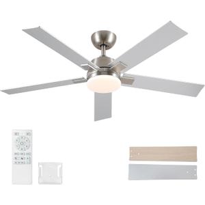 52 Inch Ceiling Fans with Lights and Remote, Brushed Nickel Ceiling Fan, 6 Speed Reversible DC Motor, 3CCT Dimmable LED, Modern Design for Bedroom, Living room & Covered Outdoor,Includes Downrod