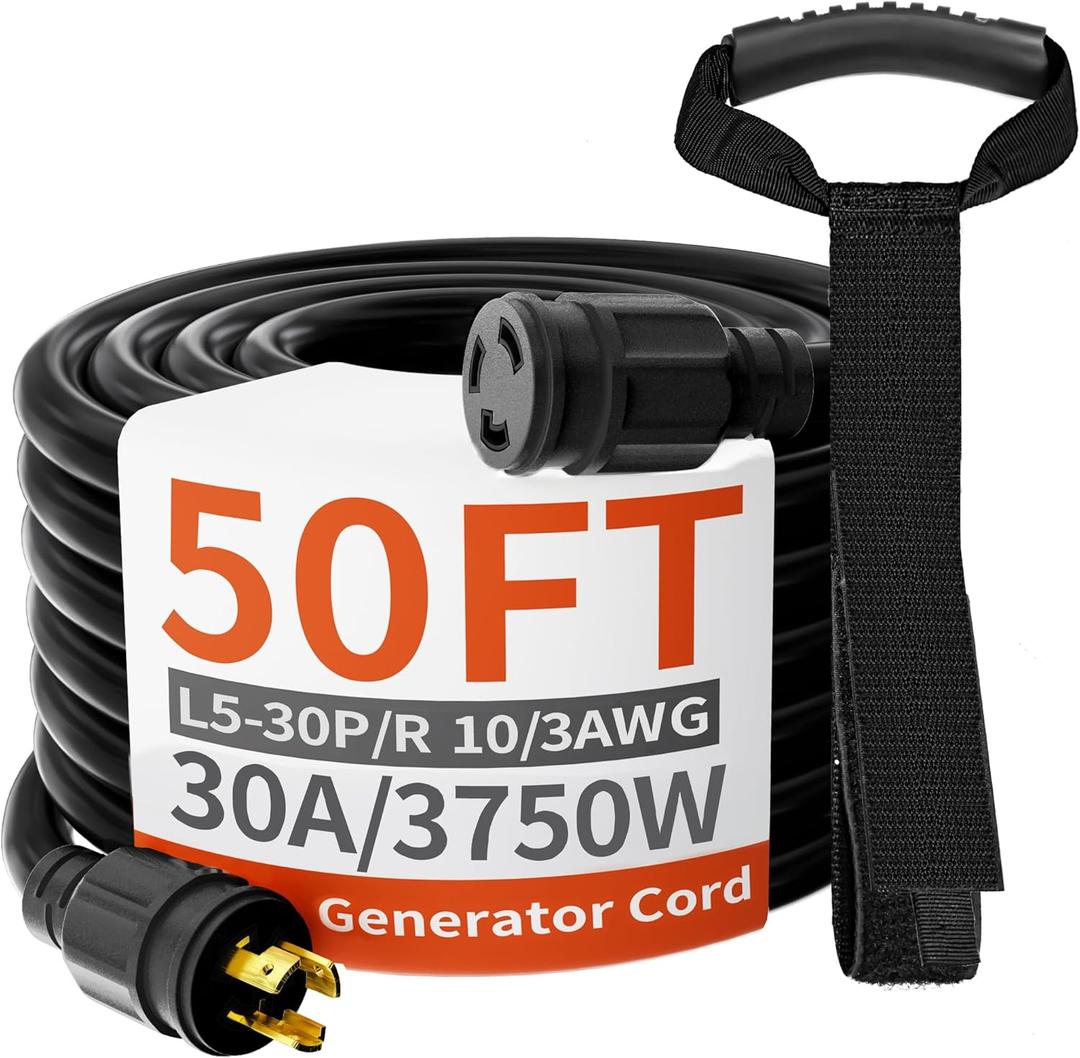 huanchain L5-30P/L5-30R 3 Prong 30 Amp Generator Cord 50 FT, Heavy Duty 10AWG 125V 3750W SJTW, Black Locking Generator Extension Cord Waterproof, ETL Listed