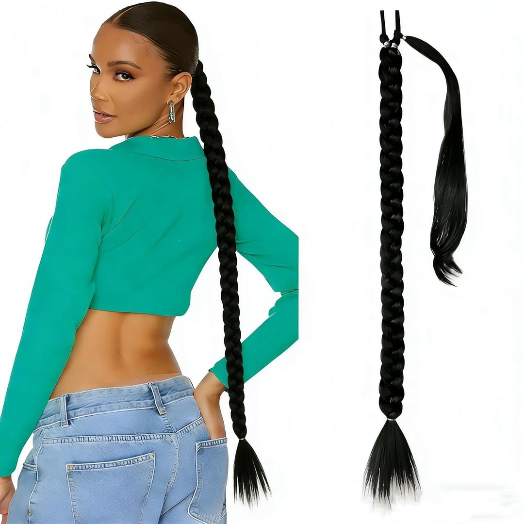 Long Braid Ponytail Extension with Hair Tie Straight Sleek Wrap Around Synthetic Hairpieces for Women, Natural Color, 28 Inch (Pack of 1)