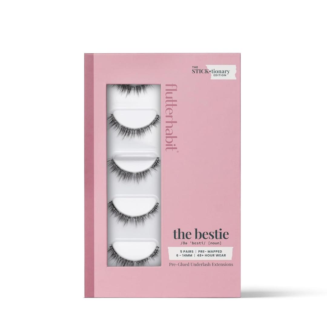 FlutterHabit STICKtionary Bestie Self Adhesive Eyelashes Kit, Pre Glued Underlash Strips for Beginners, No Glue Lash Extensions, Lightweight Reusable Clusters for Natural Look at Home (5 Pairs)