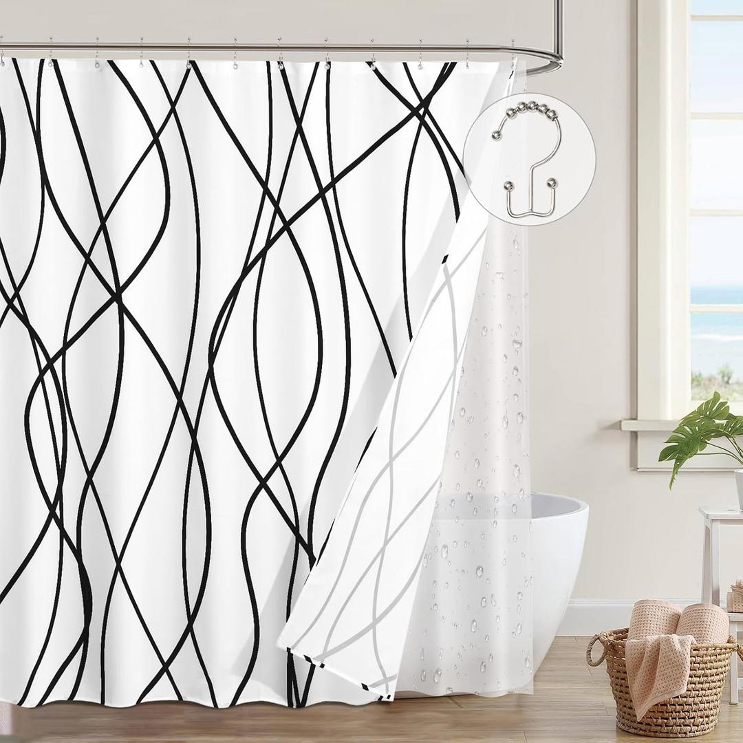 ORTIGIA 3 in 1 Shower Curtain and Clear PEVA Liner Set with 12 Rust Proof Double Sided Metal Shower Curtain Hooks, Striped Shower Curtain Waterproof for Bathroom 72 Wx72 H (Charcoal)