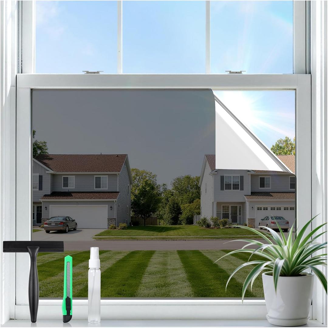 rabbitgoo One Way Privacy Window Film Window Tint for Home with Tools, UV Blocking Heat Control Static Cling No Glue, Daytime Privacy See Out Not in, 35.4 in X 9.8 Feet, Black Silver