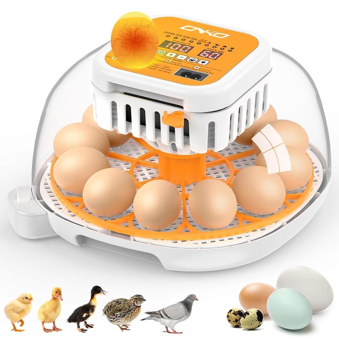 ONKO 12 Egg Incubator with Auto Temp & Humidity Control for Home, Farm, Classroom, Auto Egg Turner & Stop, External Water Refill, Air Vent, 360 Clear View, Hatching Chicken, Duck, Goose, Pigeon Eggs