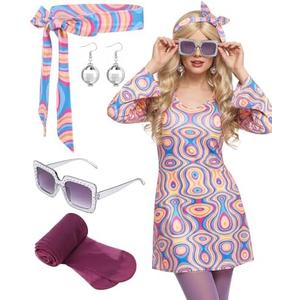 Janmercy 5 Pcs 70s Disco Outfit for Women Hippie Costumes Accessories 70s 80s Halloween Decades Party Cosplay XL