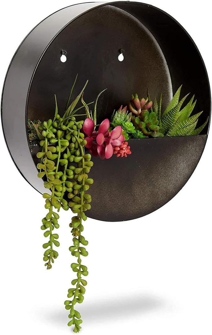Farmlyn Creek Round Metal Wall Planter for Outdoor Plants, Rustic-Style Black Painted Finish (12x3.6 in) - Outdoor Hanging Planter