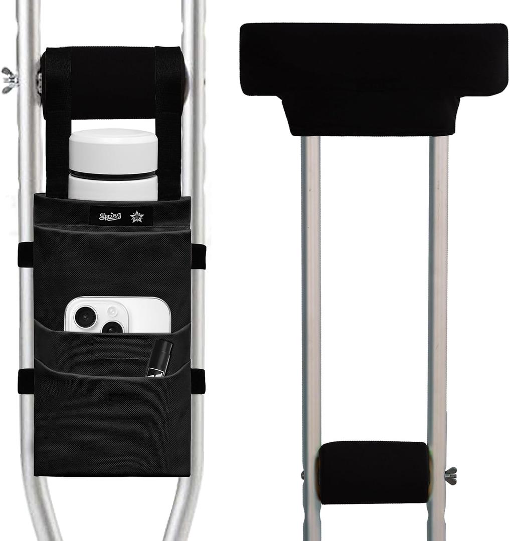 SPRING SEAON Crutches Padding & Crutch Bag (5 PCS) - Crutch Pads for Armpits and Hand Grips Water-Resistant Pouch for Crutches Crutch Cushions Crutches Accessories for Kids, Men, Women Black