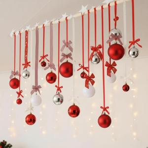 Suncalla 18 Pcs Christmas Wall Hanging Decor with Light Wooden Branch Christmas Plastic Balls Bow Xmas Wall Art for Home Ceiling Indoor Holiday Party Supplies Decor