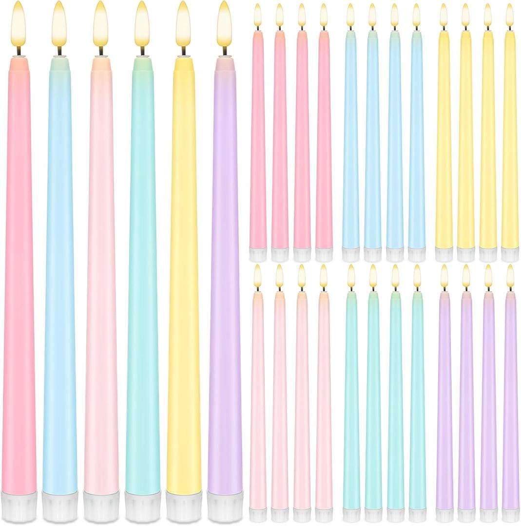 Baquler 24 Pcs 11'' Pastel Flameless Taper Candles Colorful LED Candle Sticks Colored Battery Operated Candle Pink Plastic Flickering Candlestick for Easter Wedding Birthday Dinner Table Party Decor