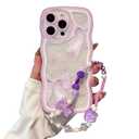 for iPhone 14 Plus Case, [Wave Rolled Edge Comfort Grip] [2-in-1 with Beaded Wrist Strap Bracelet] Beautiful Light Purple Bow Pattern for Women & Girls