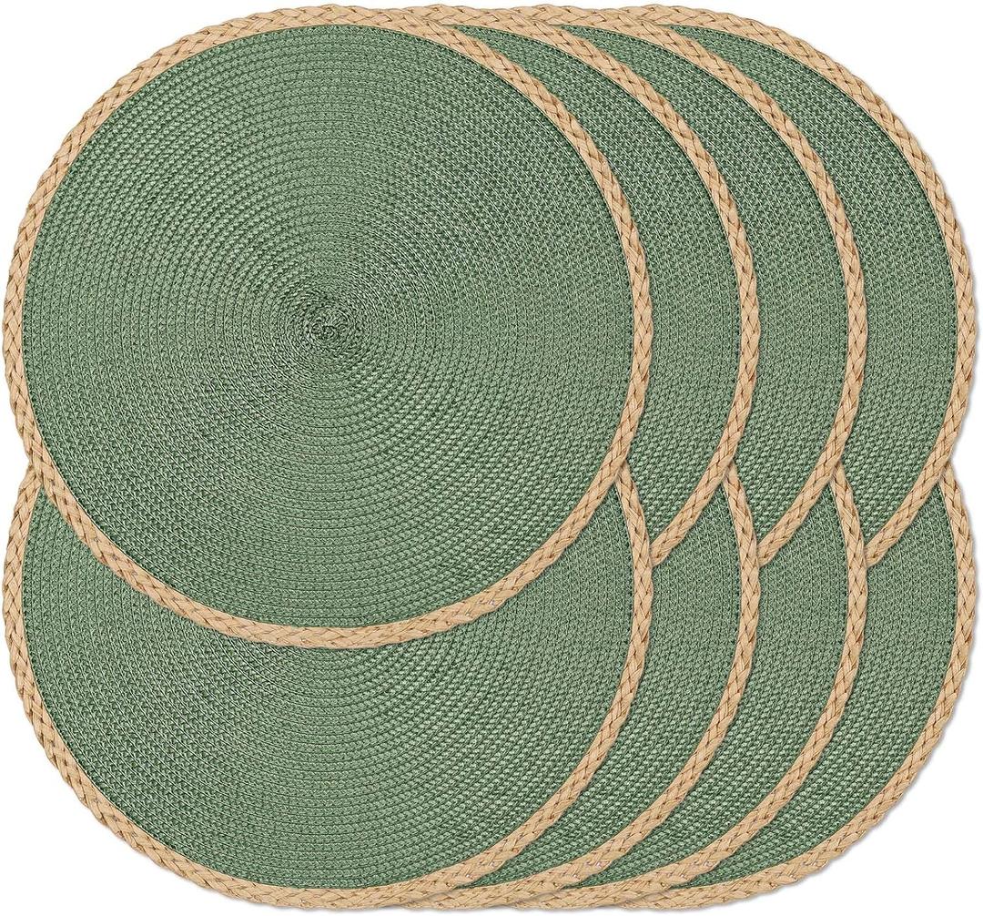 Noctiflorous Round Placemats Set of 8, 15 Inch Braided Hand Woven Table Mats, Heat Resistant Non-Slip Wipeable Thin Edge Place Mats for Kitchen Dining Indoor Outdoor Use(Green, 8)