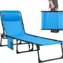 Folding Chaise Lounge Chair Bed - Heavy-Duty 400lb Capacity Portable Adjustable Recliner w/Pillow for Patio, Pool, Camping, Sunbathing - Lay Flat Design (Blue)