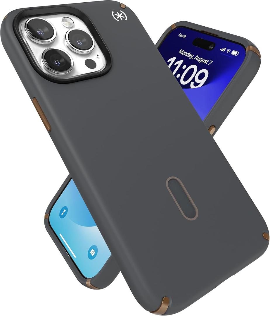 Speck iPhone 15 Pro Max Case - ClickLock No-Slip Interlock, Built for MagSafe, Drop Protection - Scratch Resistant, Soft Touch, 6.7 Inch Phone Case - Presidio2 Pro Charcoal Grey/Cool Bronze/White