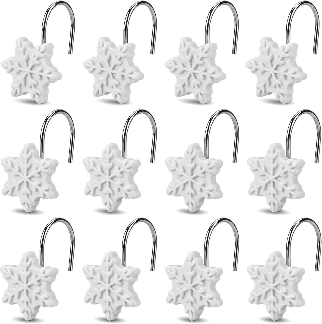 TJE Shower Curtain Hooks 12 Pcs, Resin Snowflake Rings, Rust-Resistant Bathroom Decor for Shower, Restroom, Bedroom & Living Room, White