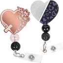 3 x Black Leopard & Rose Gold Heart Badge Reel Retractable ID Name Holder Clip, Beaded Glitter Badge Reels for Nursing Nurse Teacher Student