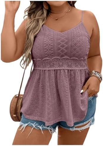 SHENHE Women's Plus Size V Neck Eyelet Cami Peplum Top Spaghetti Strap Ruffle Boho Tank Top, Size Large 