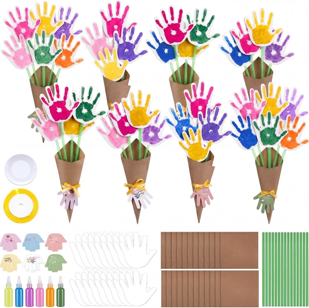 Colarr 24 Set Mother's Day Handprint Craft Kit DIY Handprints Flower Bouquet Make Your Own Floral Paper Craft for Mom Grandma Gift School Classroom Activities Activity Supplies