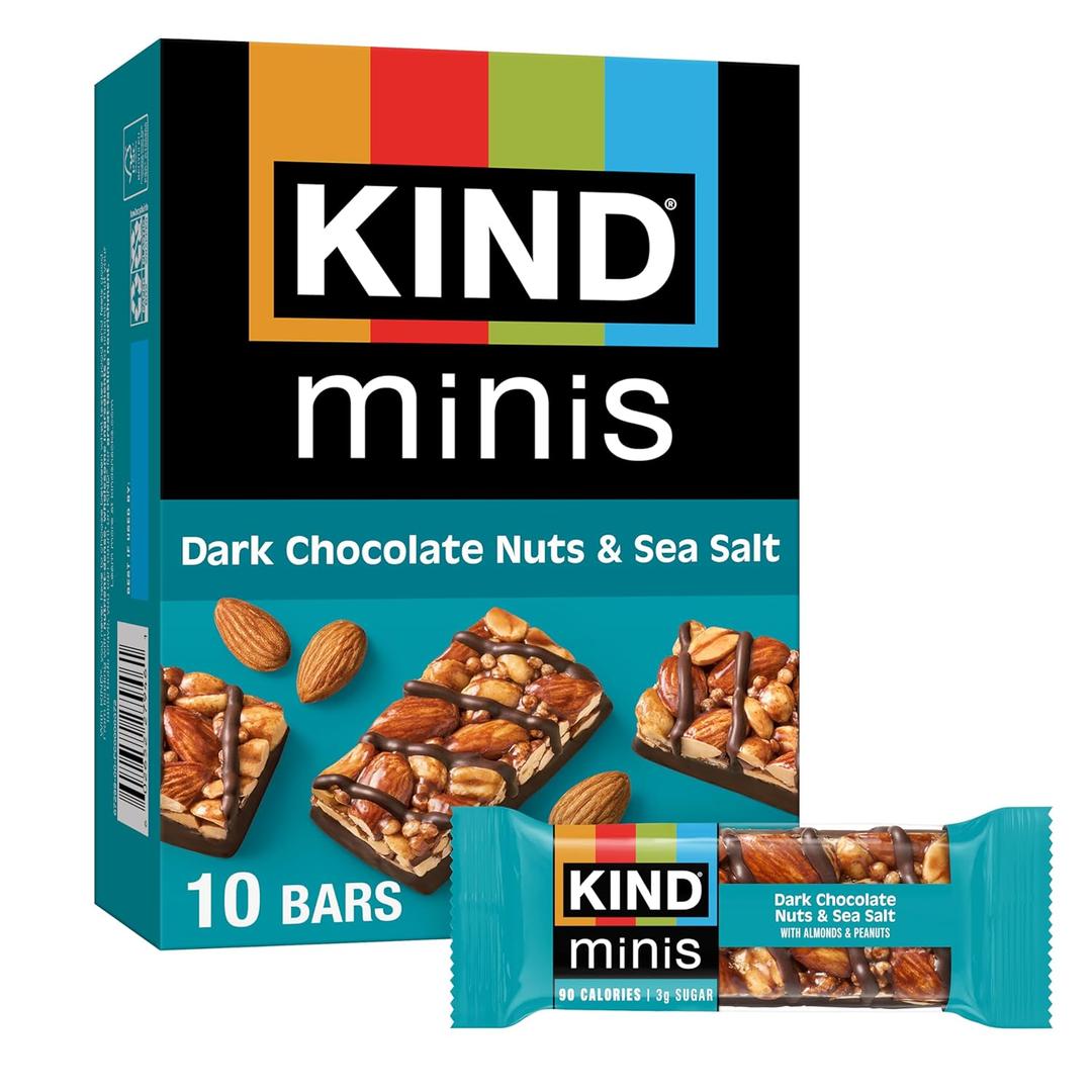 KIND Minis, Dark Chocolate Nuts & Sea Salt, Healthy Snacks, Gluten Free, Low Calorie Snacks, Low Sugar, 10 Count,BBD 04-27-2026